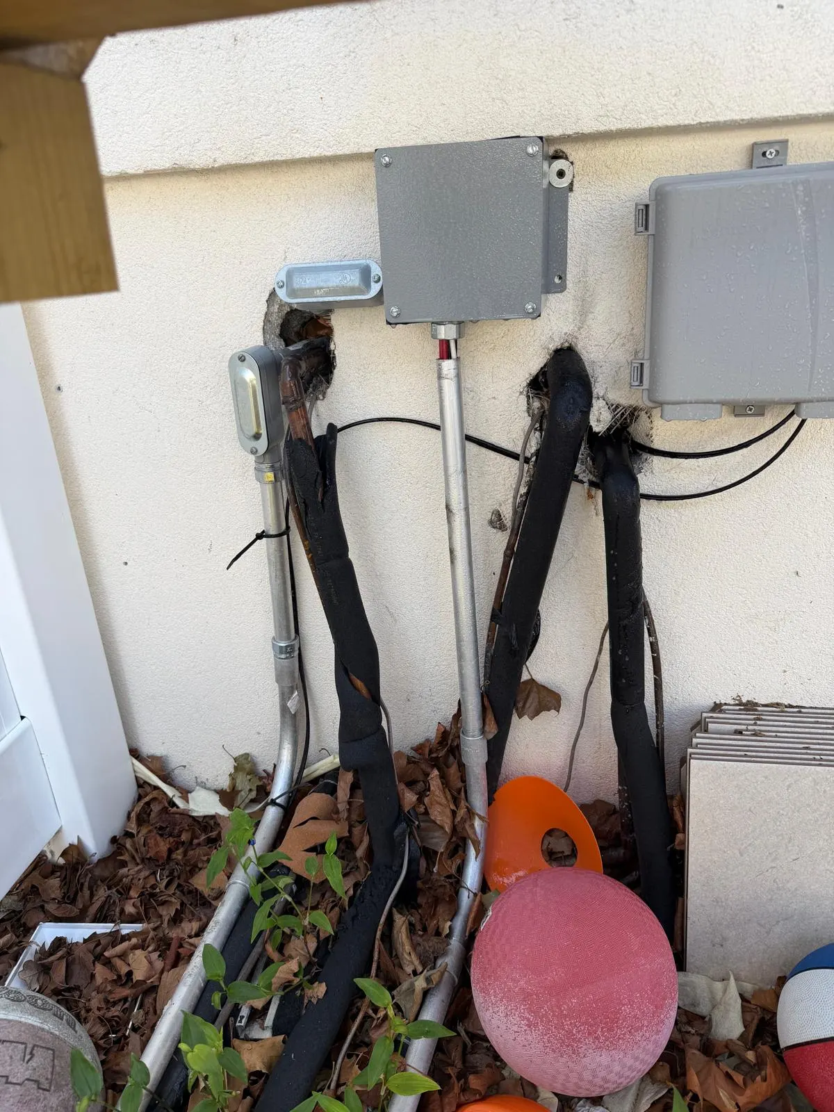 Unsealed utility penetrations through an exterior wall with leaf litter below