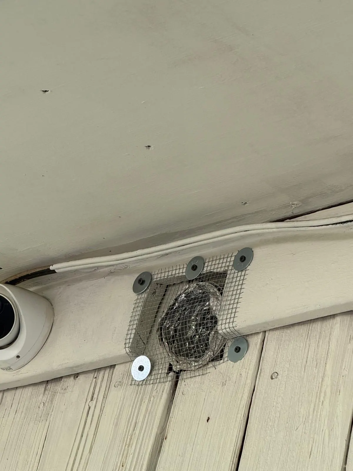 A screened vent seen in context on the underside of a painted soffit
